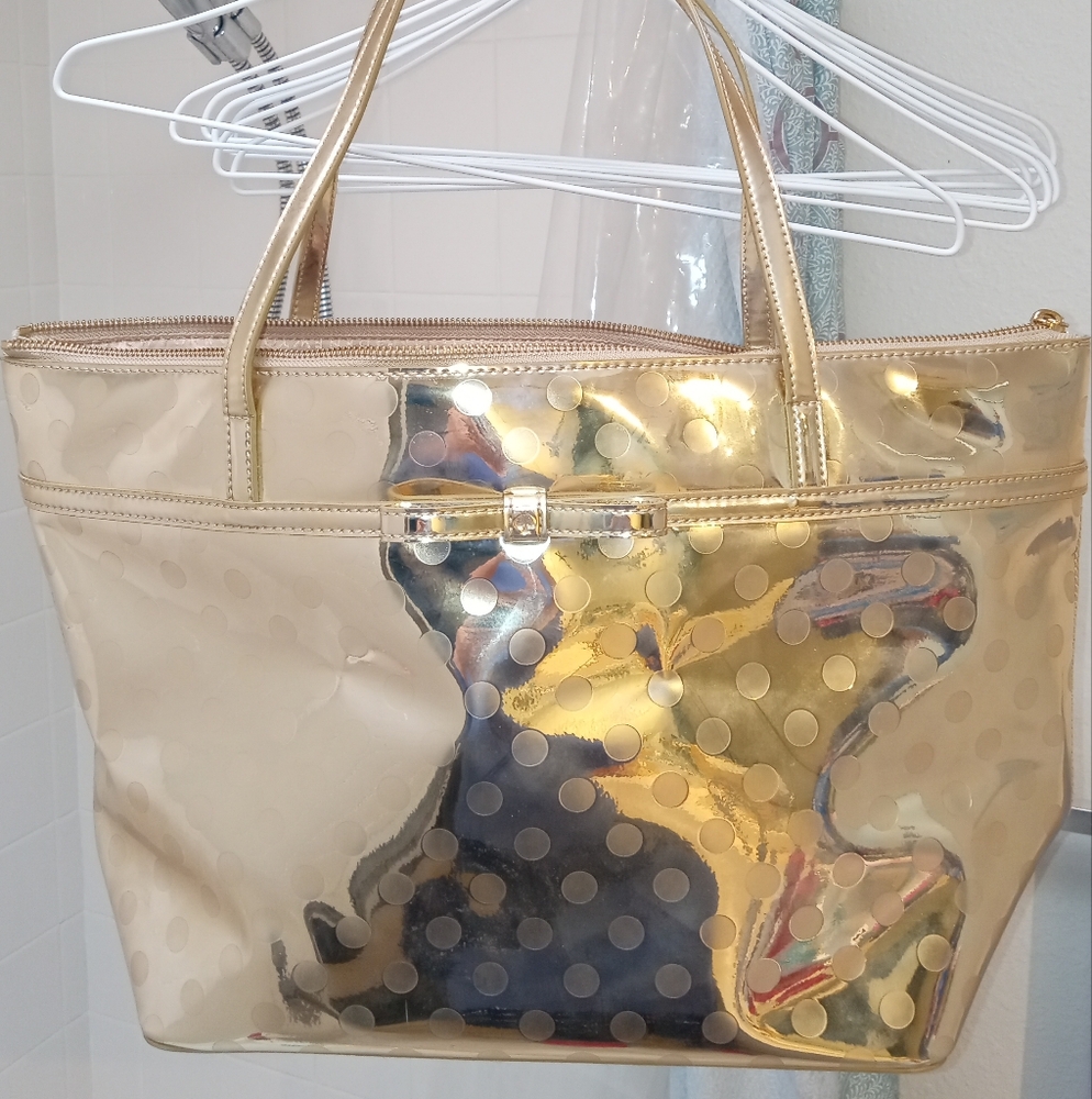 Kate Spade shiny gold tote w dot pattern EUC my reflection on bag not flaws 😆